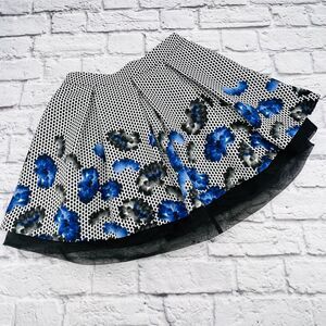 Express Pleated Mini Skirt Women's Size 2 Black White Blue Floral Tulle Layered‎